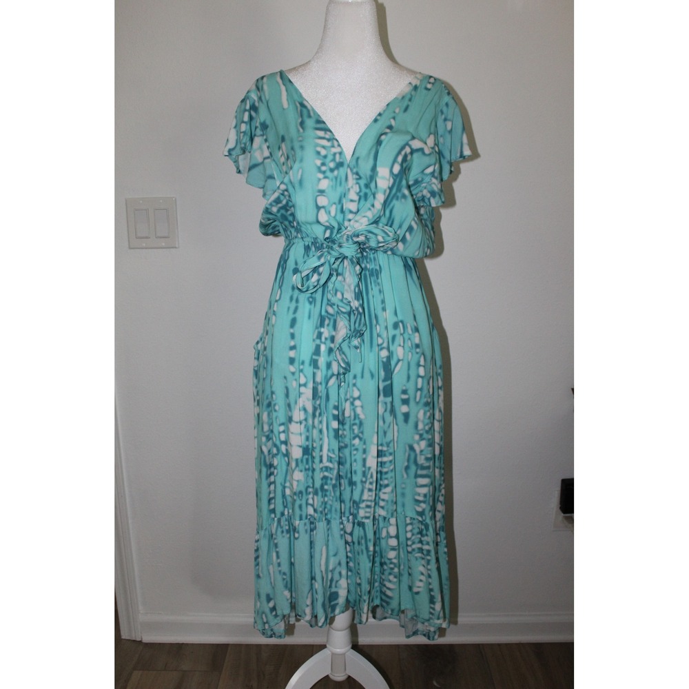 Tiare Hawaii Naturals Tie Dye Midi Dress Turquoise V-Neck‎ Flutter Sleeve OS